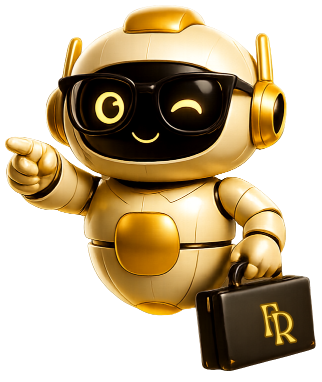 Robot ELORIDEN con lentes y maletín señalando al frente